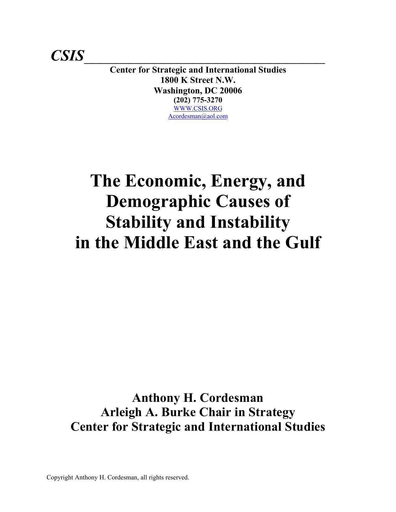 The Economic, Energy, and Demographic Causes of Stability and Instability in the Middle East and the Gulf - March 19, 2001