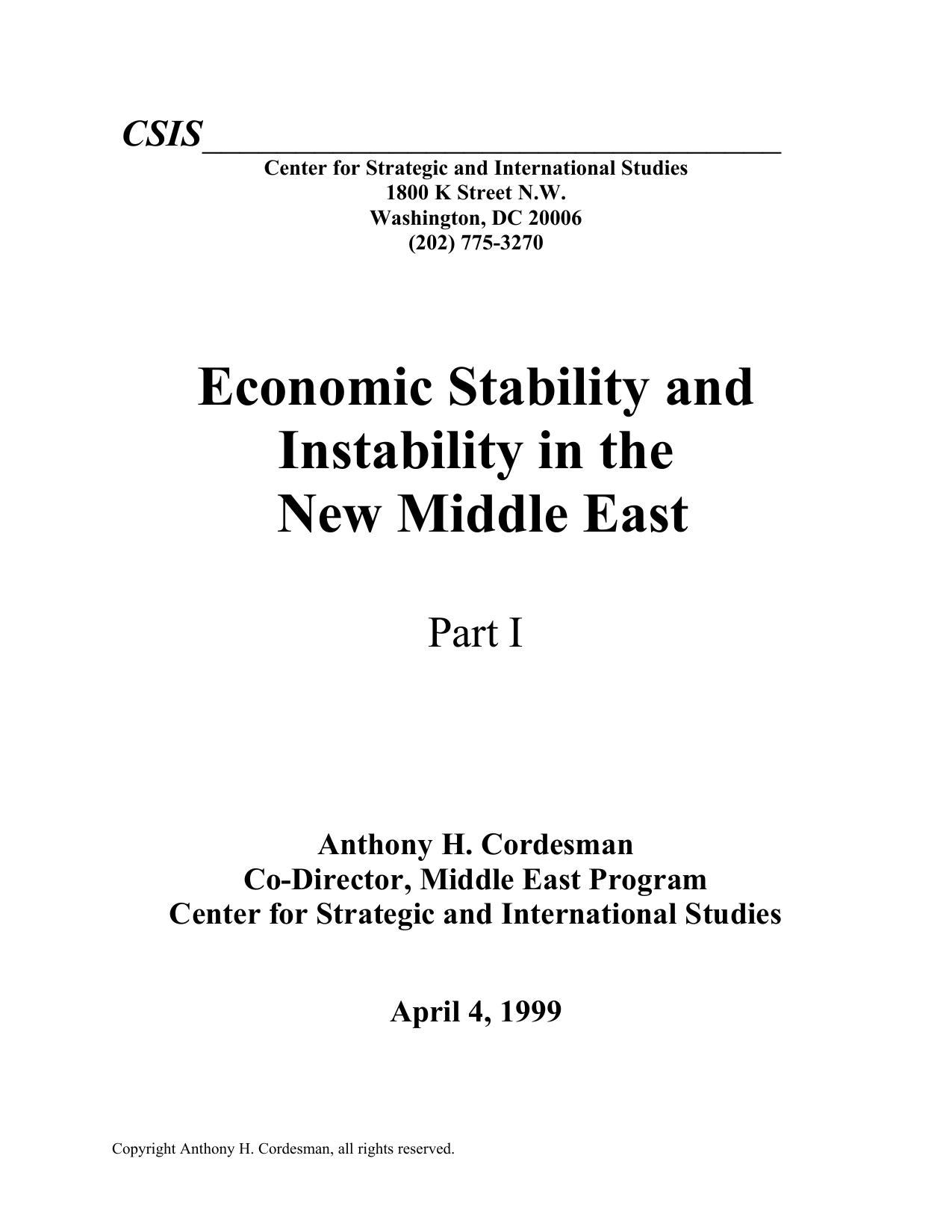 Economic Stability and Instability in the New Middle East Part I