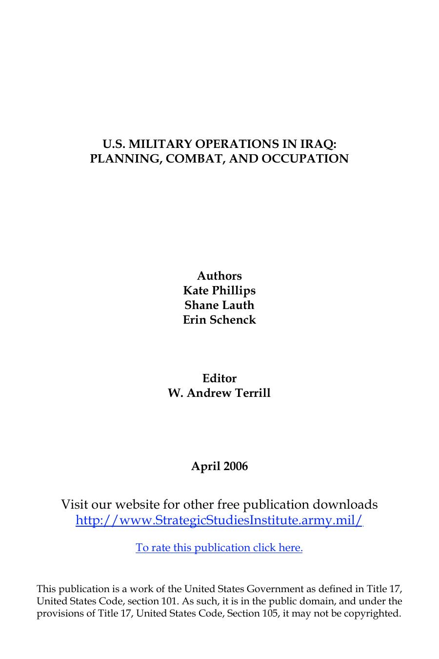 U.S. Military Operations in Iraq: Planning, Combat, and Operation