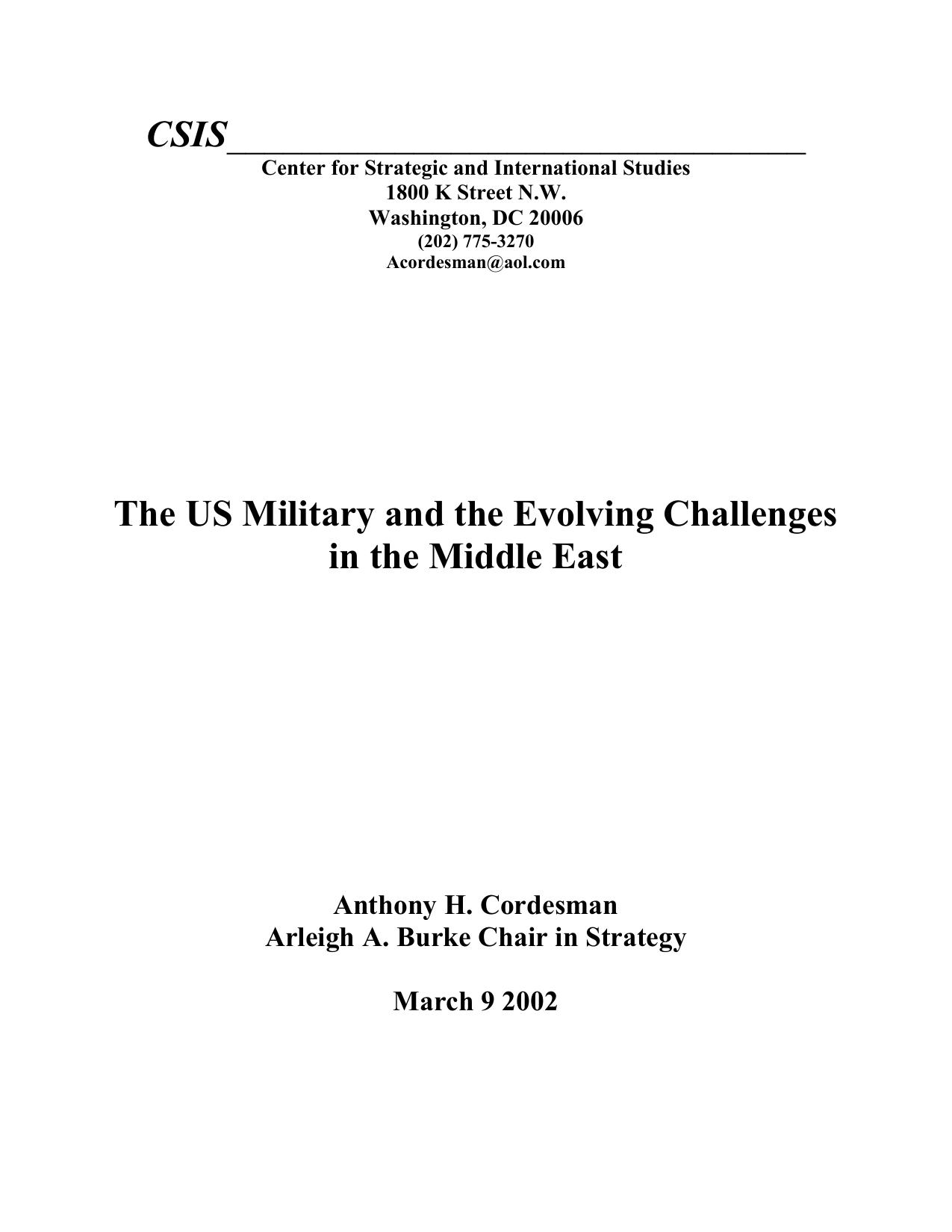 The US Military and the Evolving Challenges in the Middle East - March 9 2002