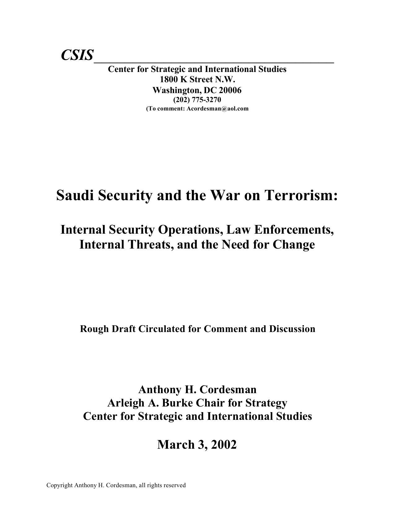 Saudi Security and the War on Terrorism: Internal Security Operations, Law Enforcements, Internal Threats, and the Need for Change - March 3, 2002