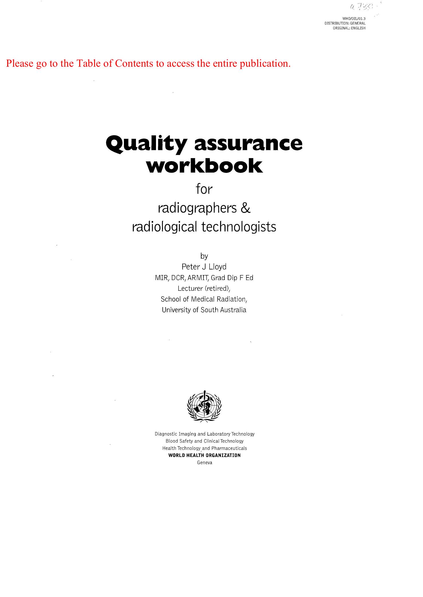 Quality Assurance Workbook for Radiographers and Radiological Technologists