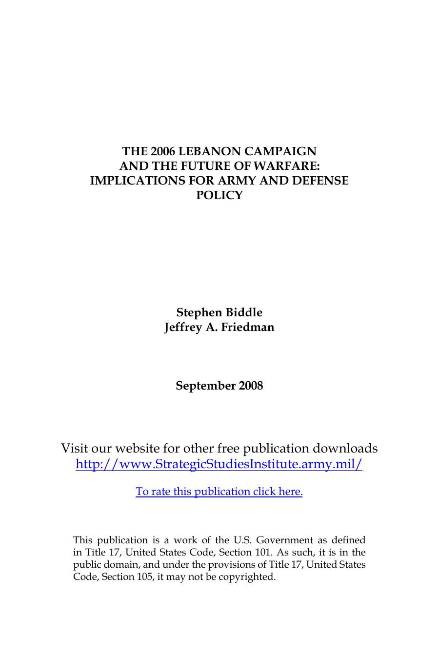 The 2006 Lebanon Campaign and the Future of Warfare: Implications for Army and Defense Policy