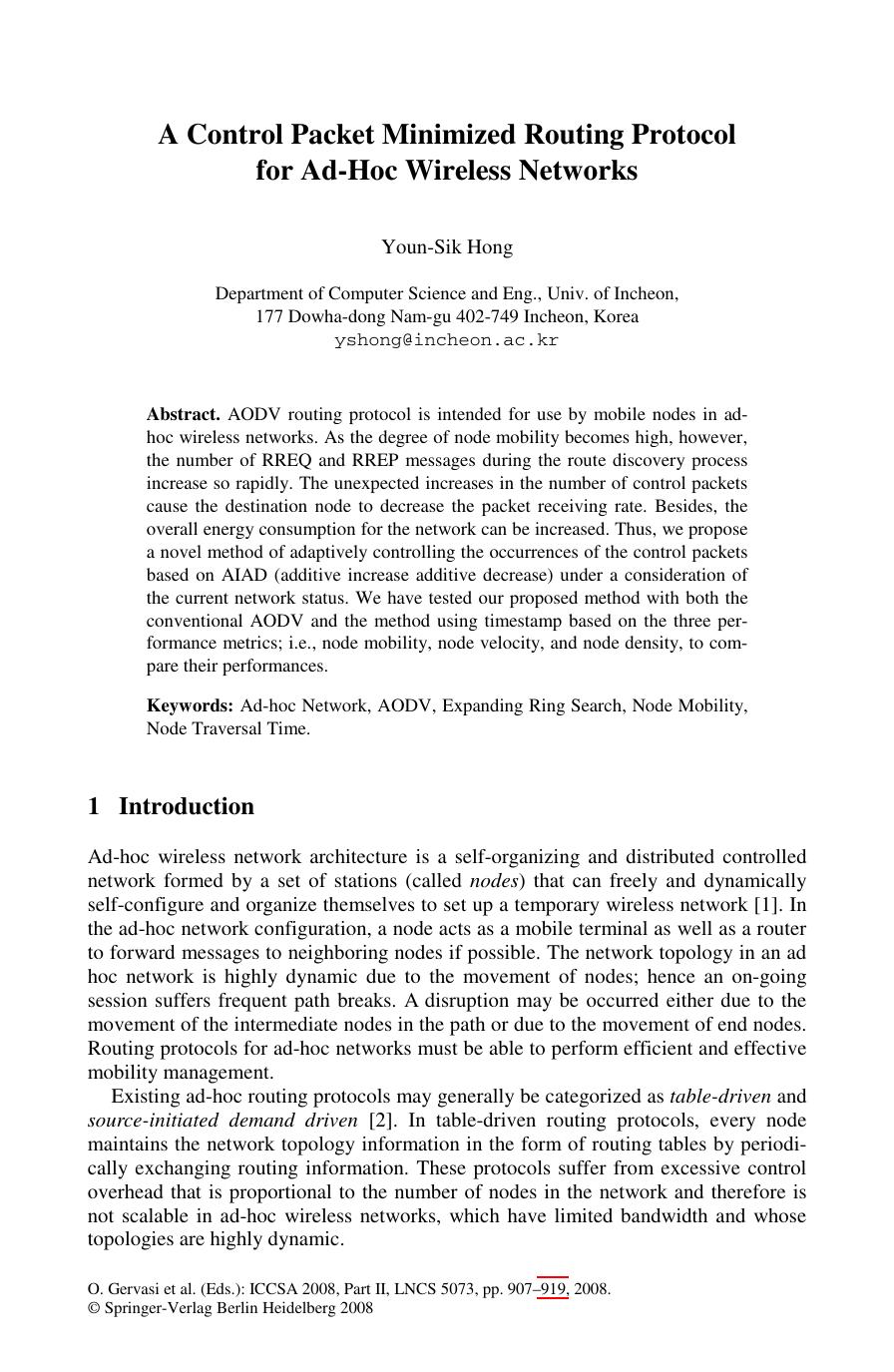 LNCS 5073 - A Control Packet Minimized Routing Protocol for Ad-Hoc Wireless Networks