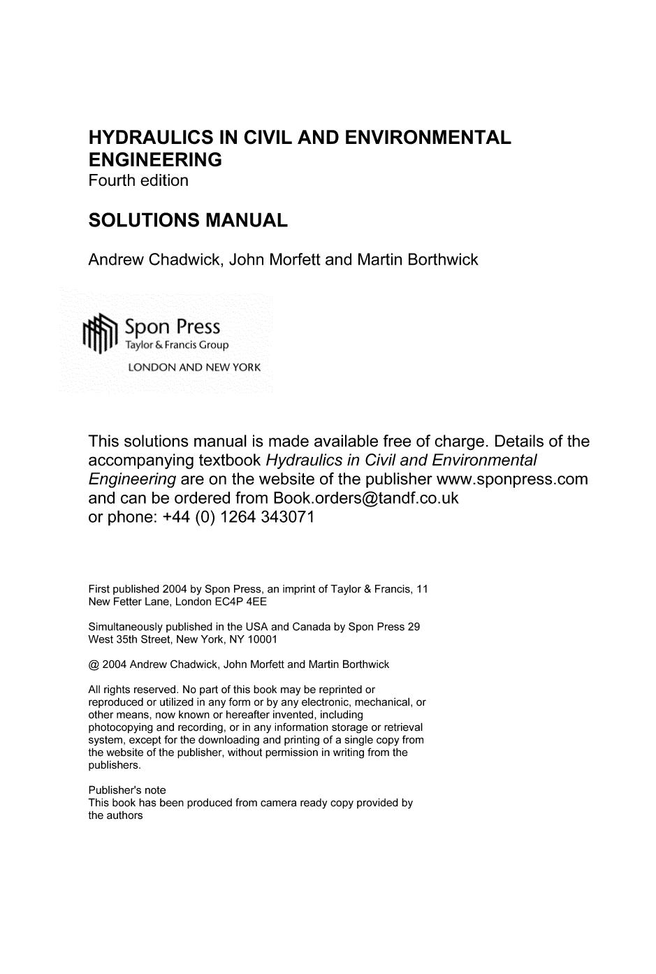 Solution Manual of Hydraulics in Civil and Environmental Engineering