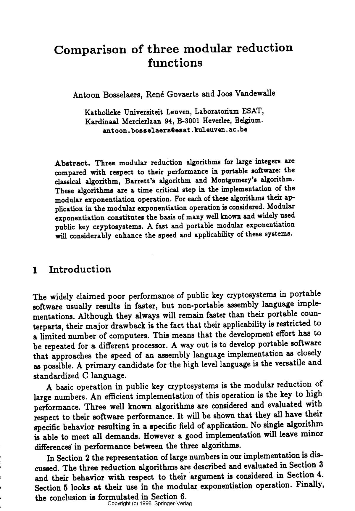 Comparison of three modular reduction functions