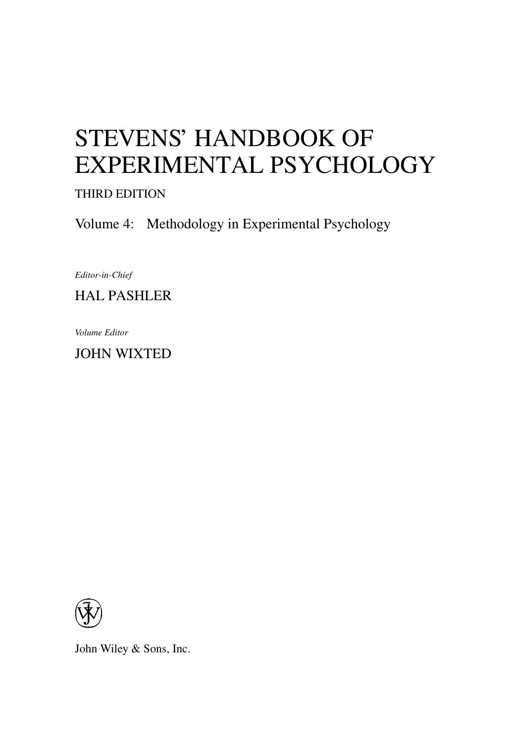 Stevens' Handbook of Experimental Psychology, Volume 4, Methodology in Experimental Psychology, 3rd Edition
