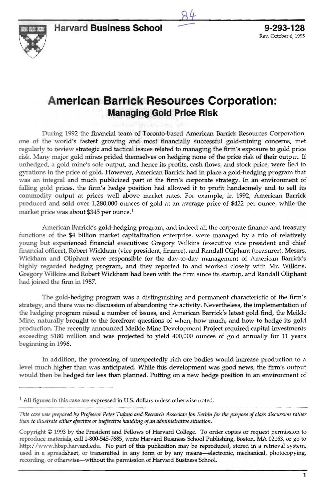 American Barrick Resources Corporation: Managing Gold Price Risk