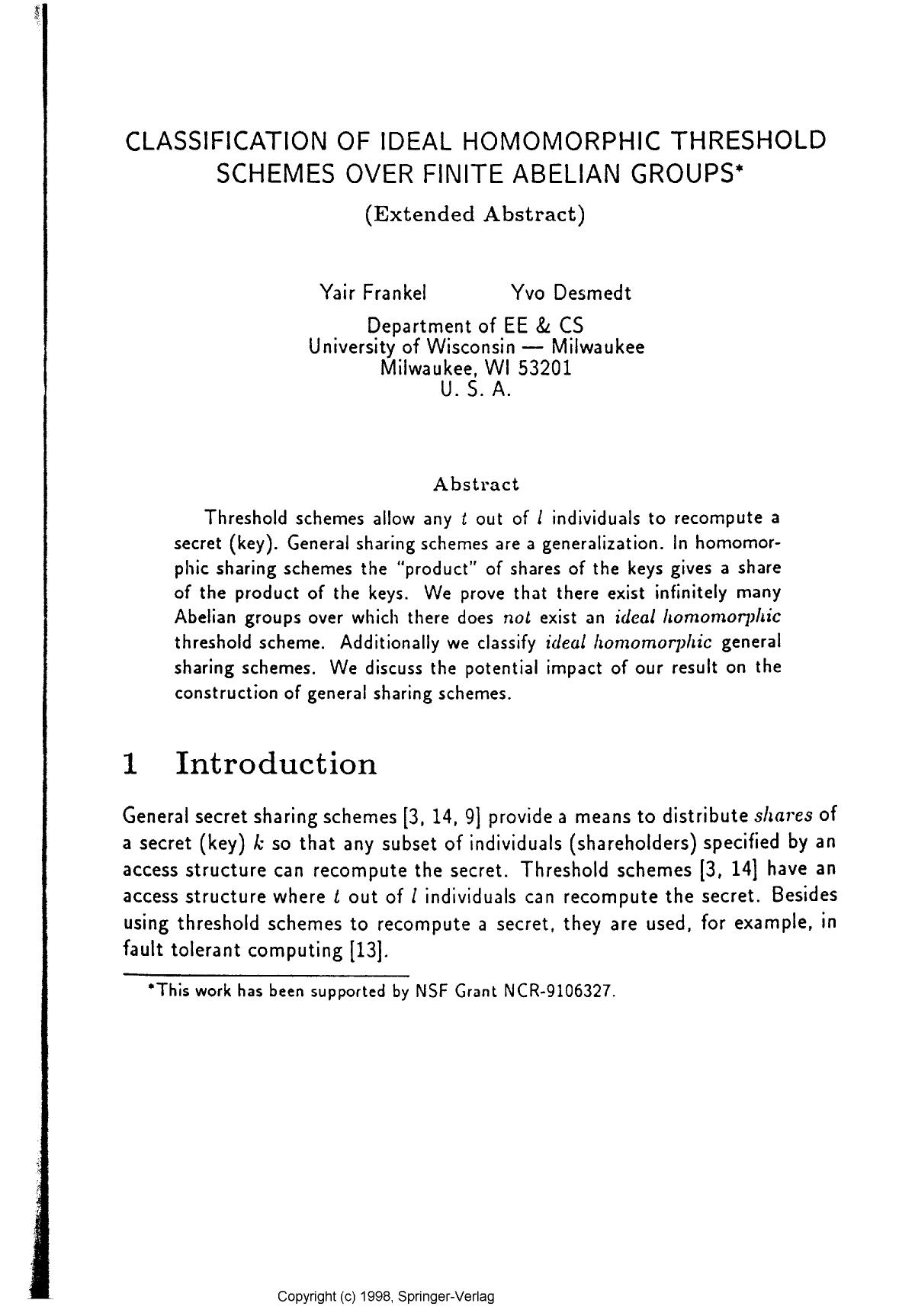 Classification of ideal homomorphic threshold schemes over finite Abelian groups (Extended abstract)