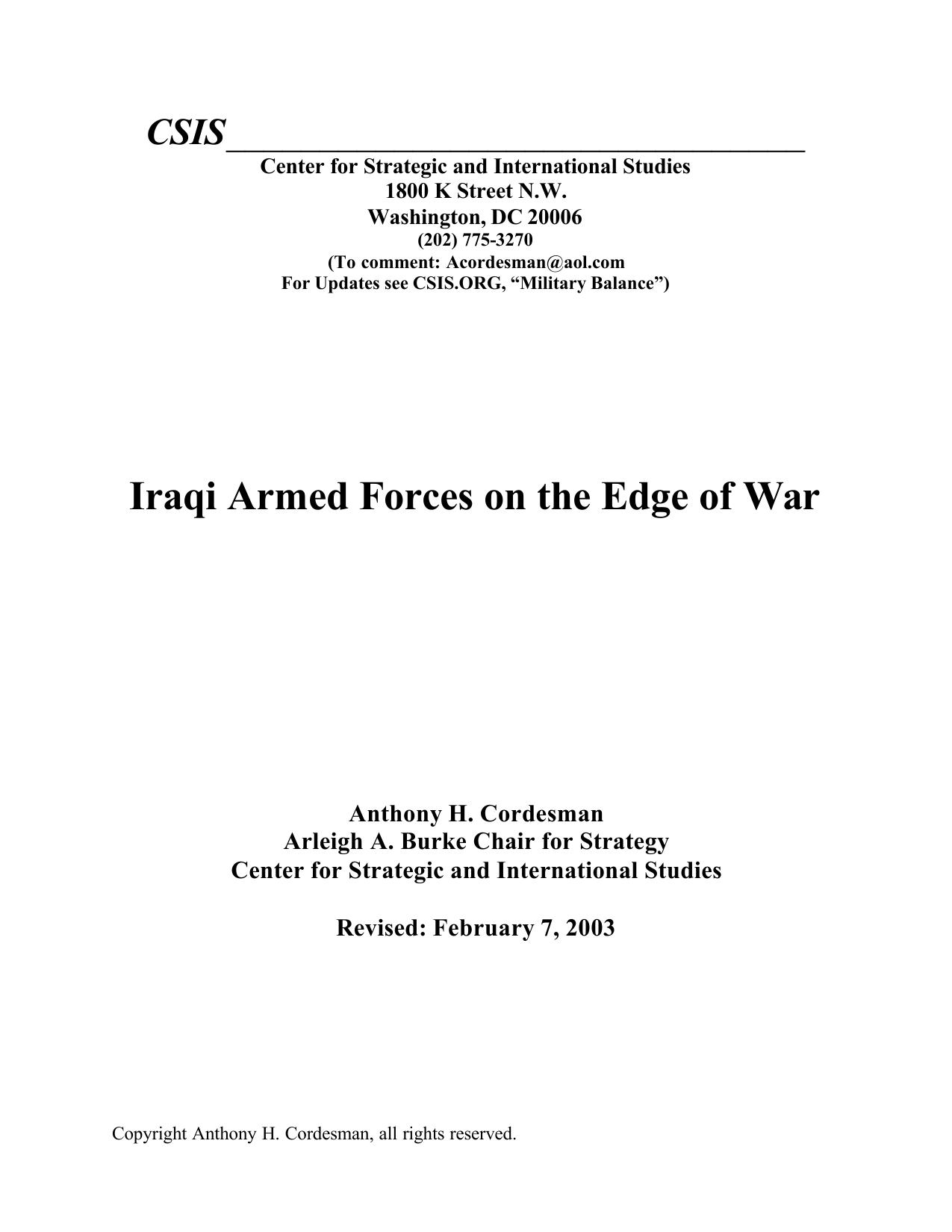 Iraqi Armed Forces on the Edge of War