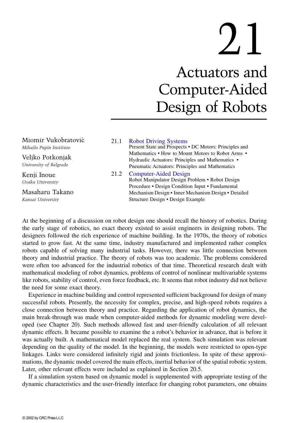 Actuators and Computer-Aided Design of Robots