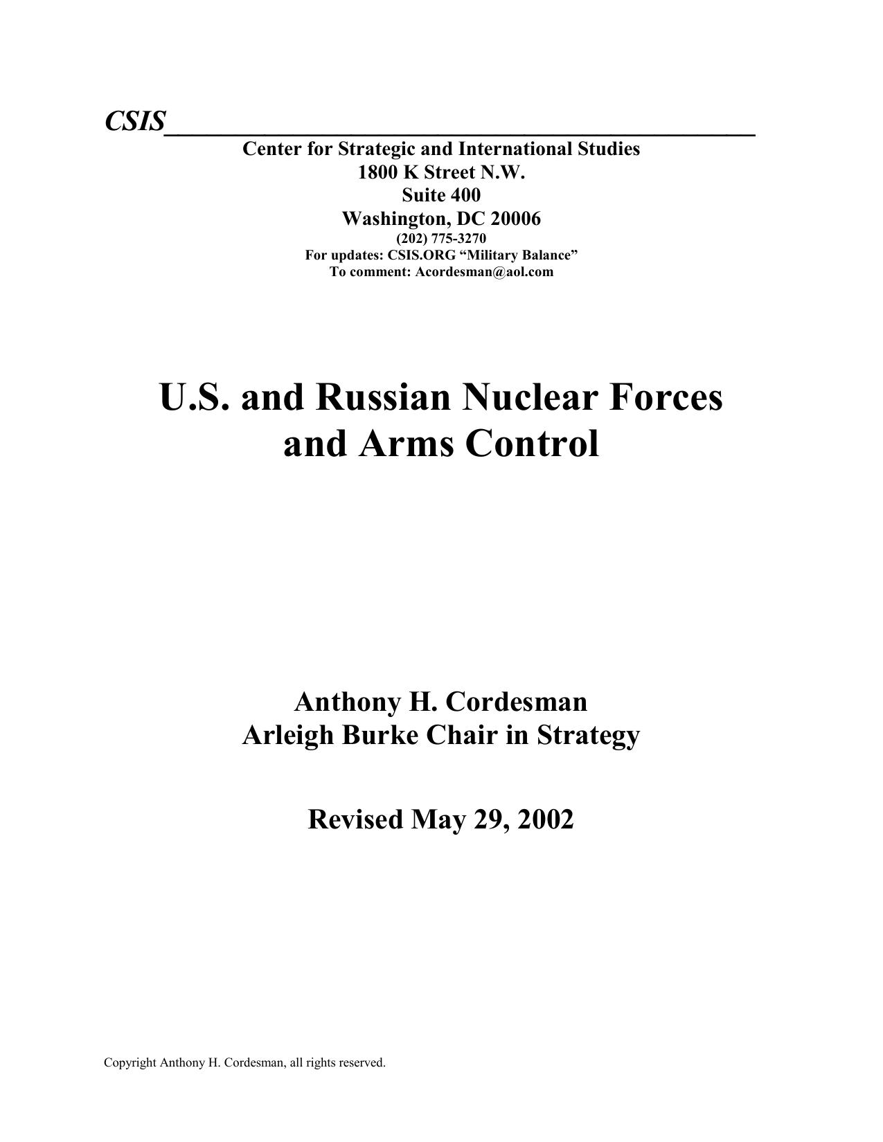 U.S. and Russian Nuclear Forces and Arms Control - May 29, 2002