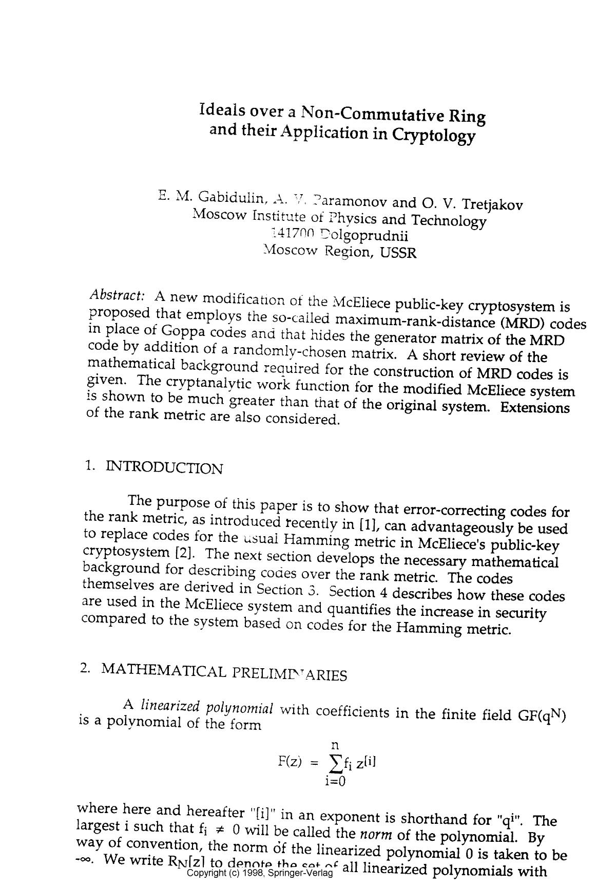 Ideals over a non-commutative ring and their application in cryptology