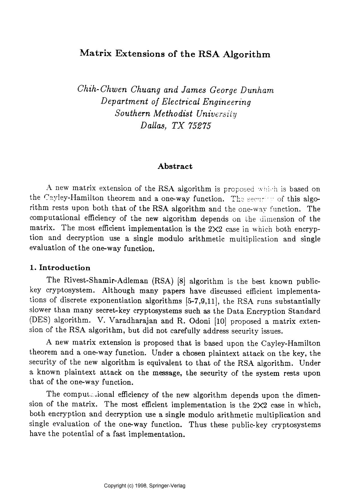 Matrix extensions of the RSA algorithm