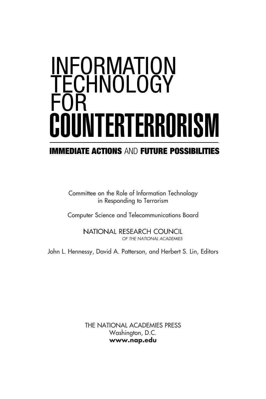 John L Hennessy David A Patterson Herbert Lin National Research Council (U.S.). Committee on the Role of Information Technology in Responding to Terrorism