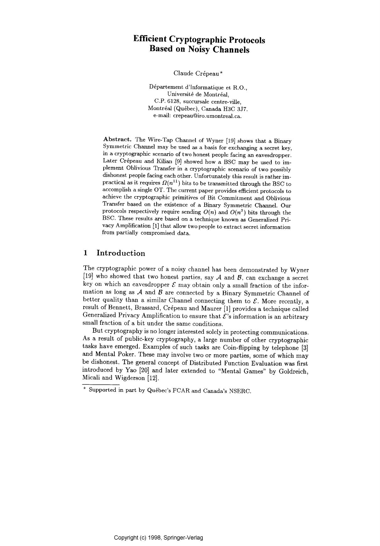 Efficient Cryptographic Protocols Based on Noisy Channels