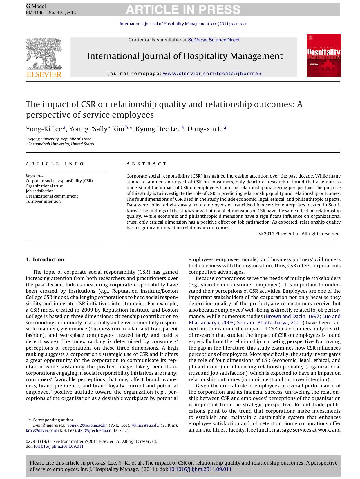 The impact of CSR on relationship quality and relationship outcomes: A perspective of service employees