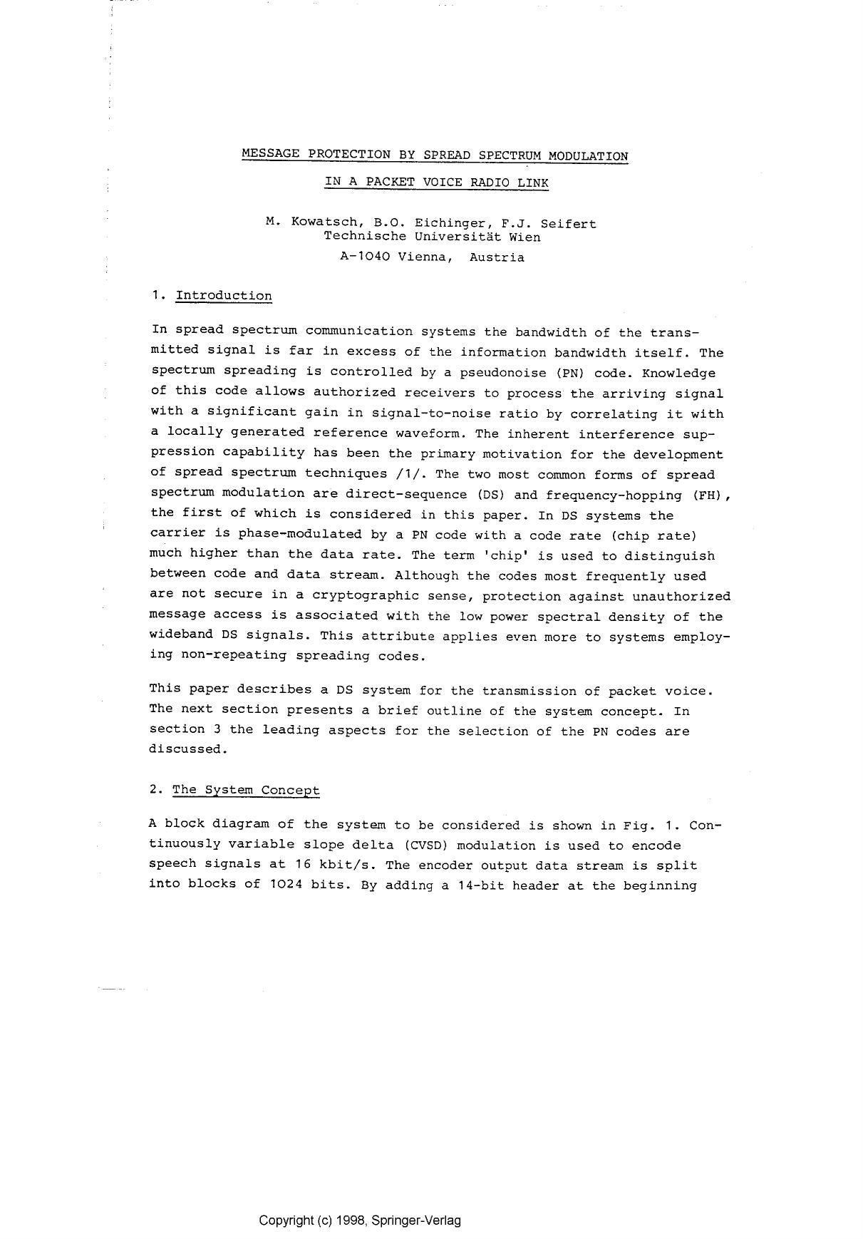 Message protection by spread spectrum modulation in a packet voice radio link.