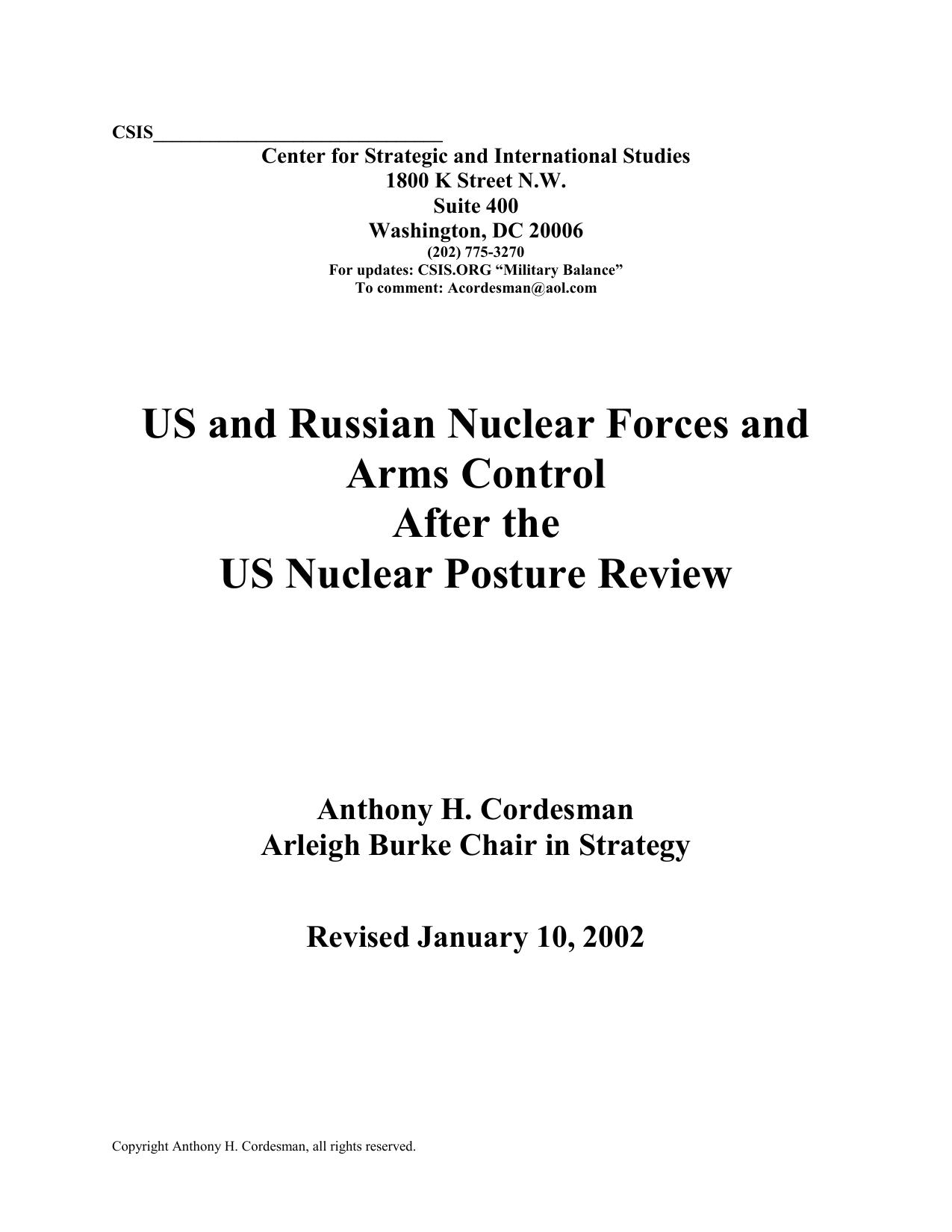 US and Russian Nuclear Forces and Arms Control After the US Nuclear Posture Review - January 10, 2002