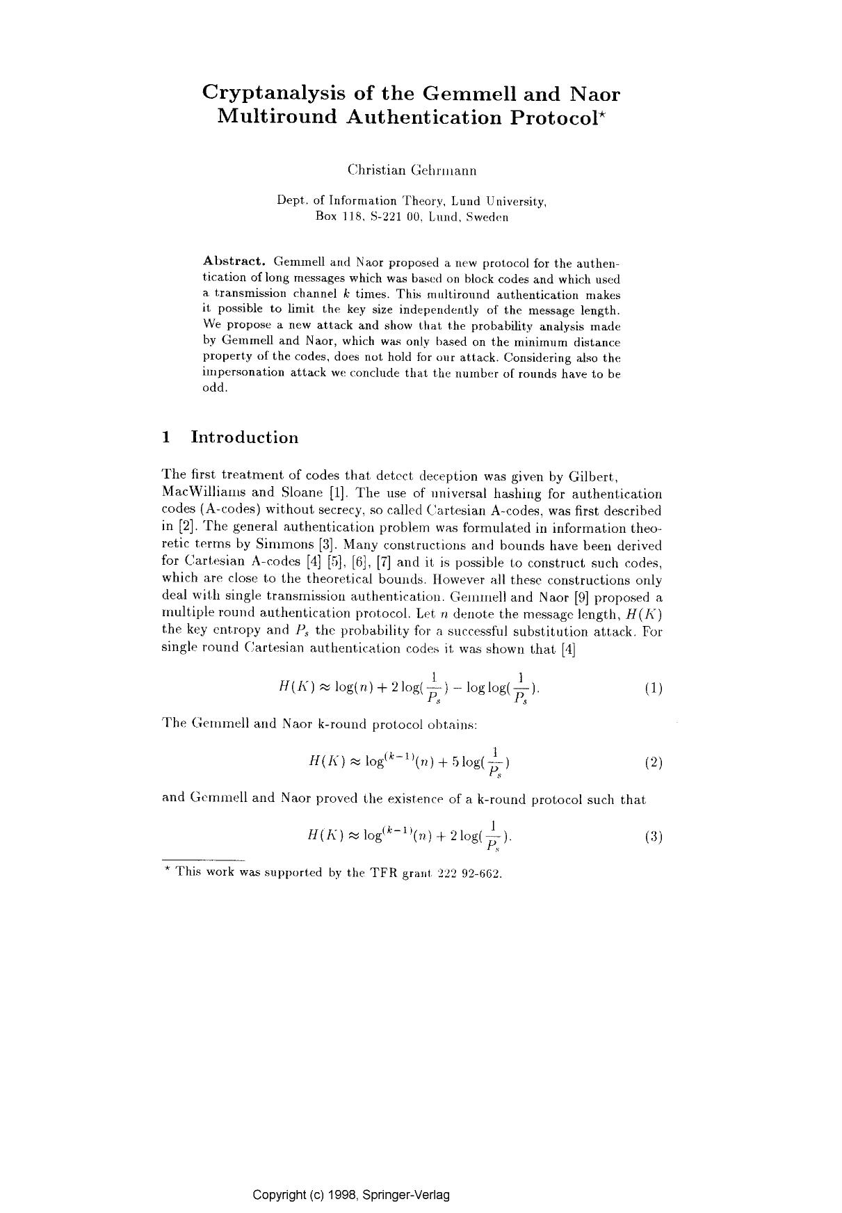 Cryptanalysis of the Gemmell and Naor multiround authentication protocol