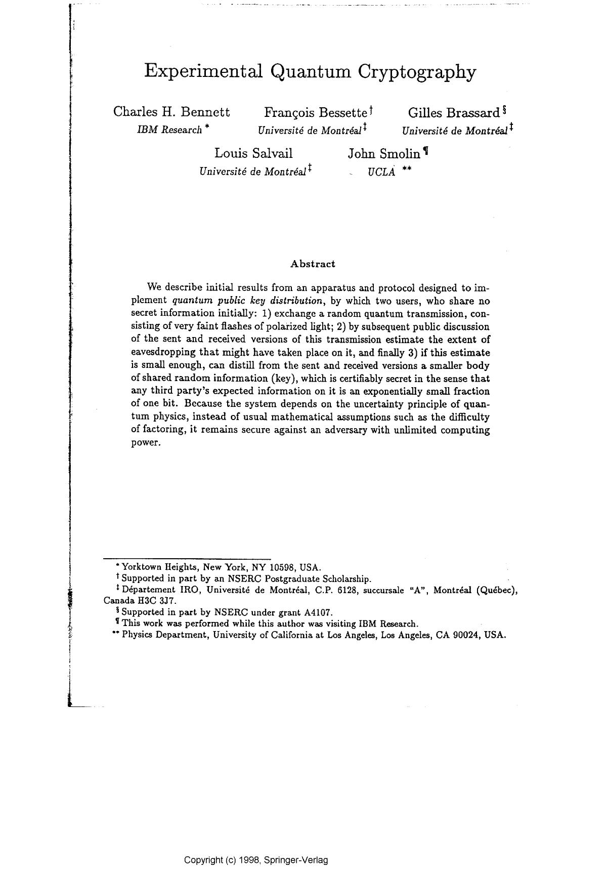 Experimental quantum cryptography