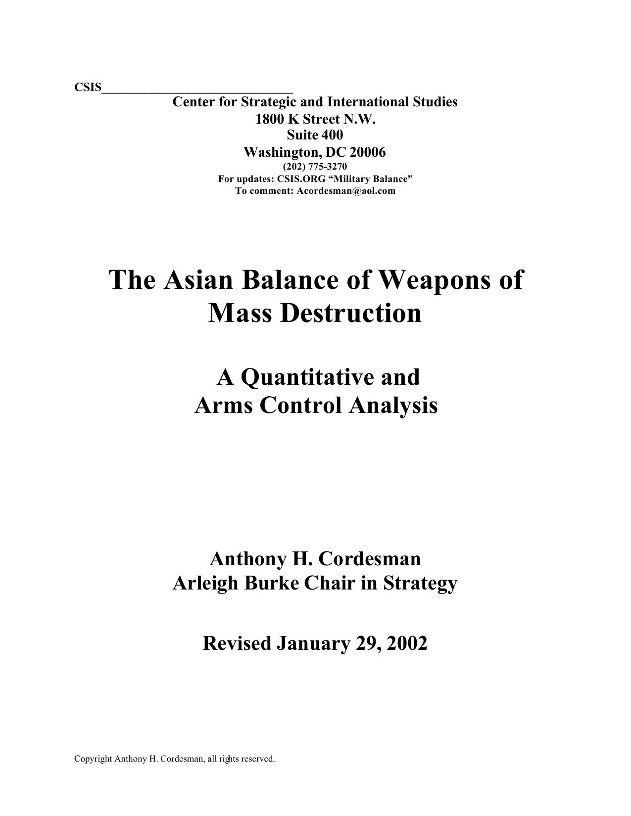 The Asian Balance of Weapons of Mass Destruction - January 29, 2002