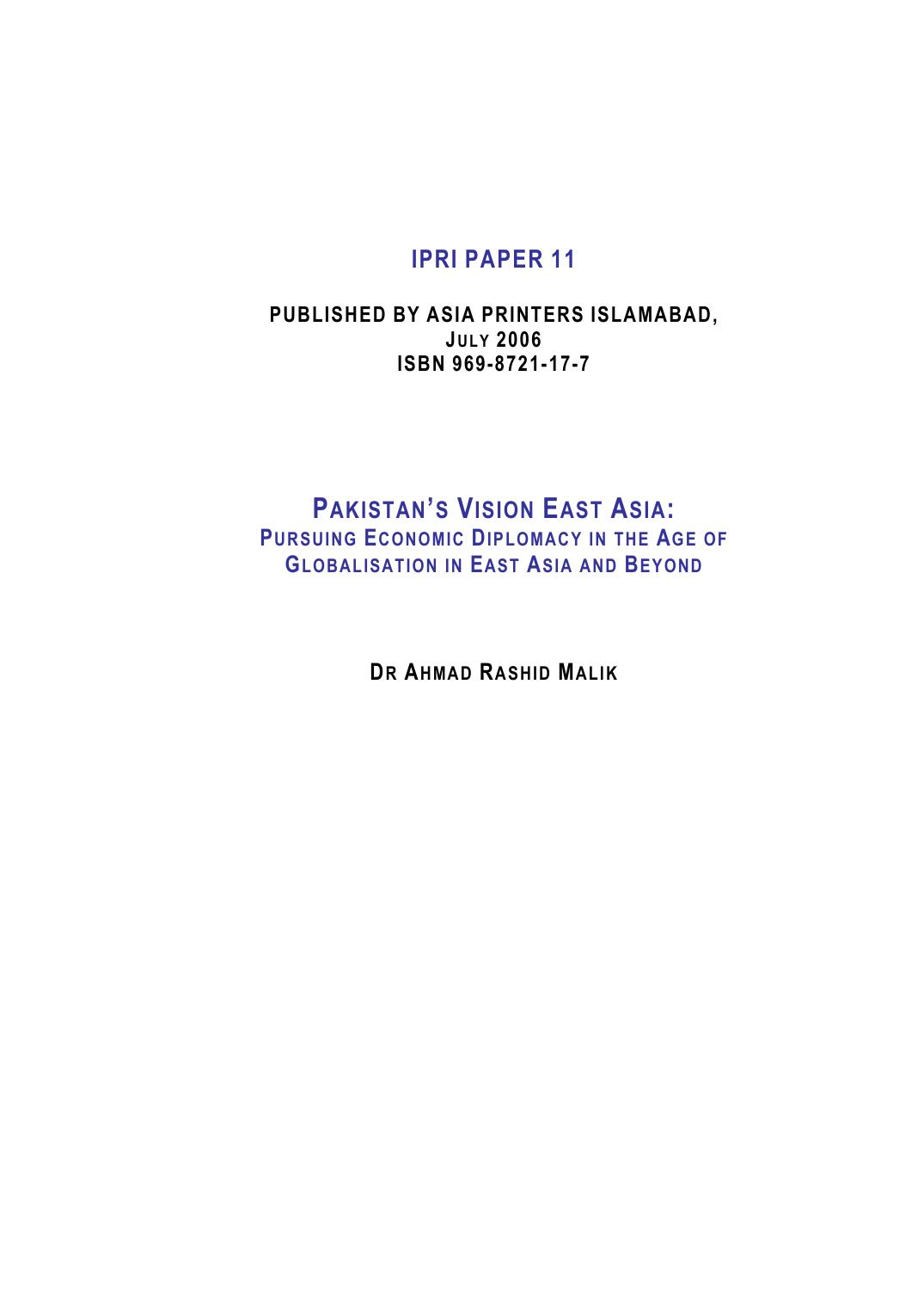 Pakistan’s Vision East Asia: Pursuing Economic Diplomacy in the Age of Globalisation in East Asia and Beyond