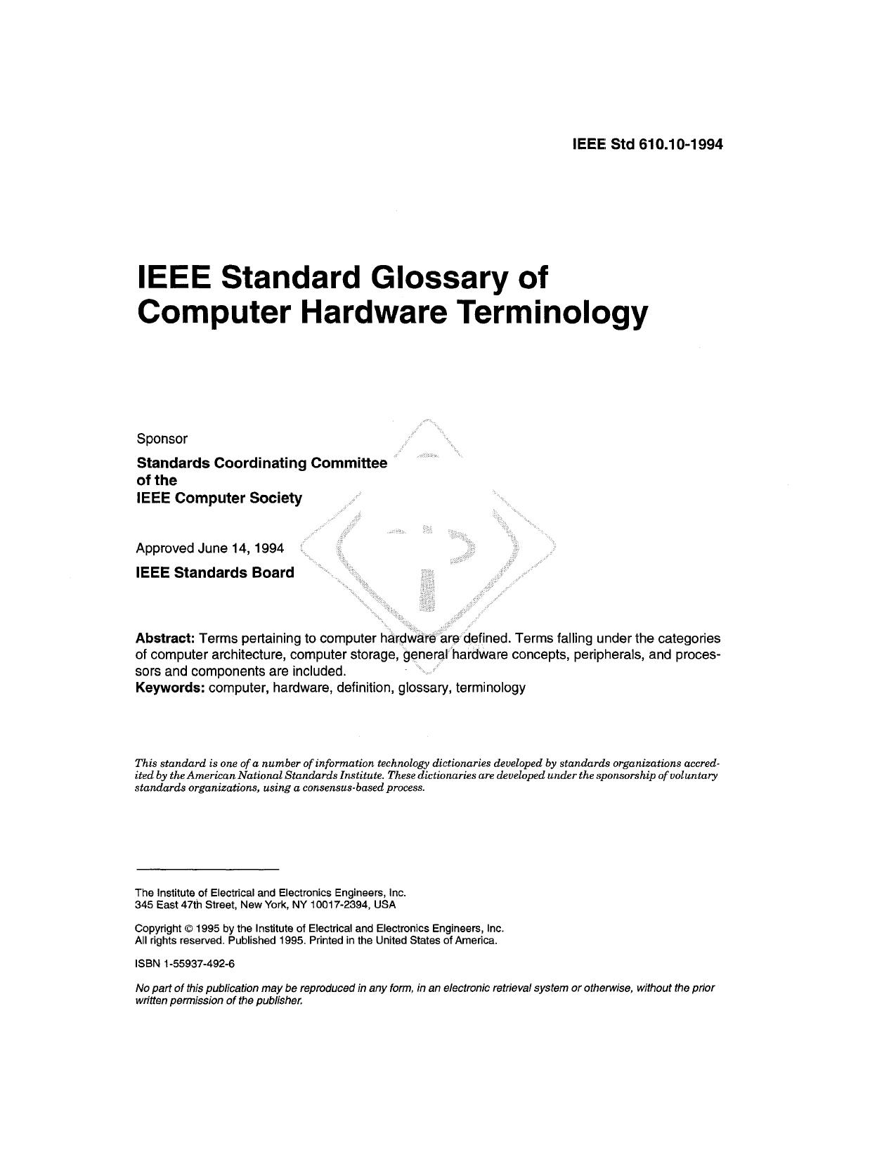 lEEE Standard Glossary of Computer Hardware Terminology - IEEE Std 610.10-1994