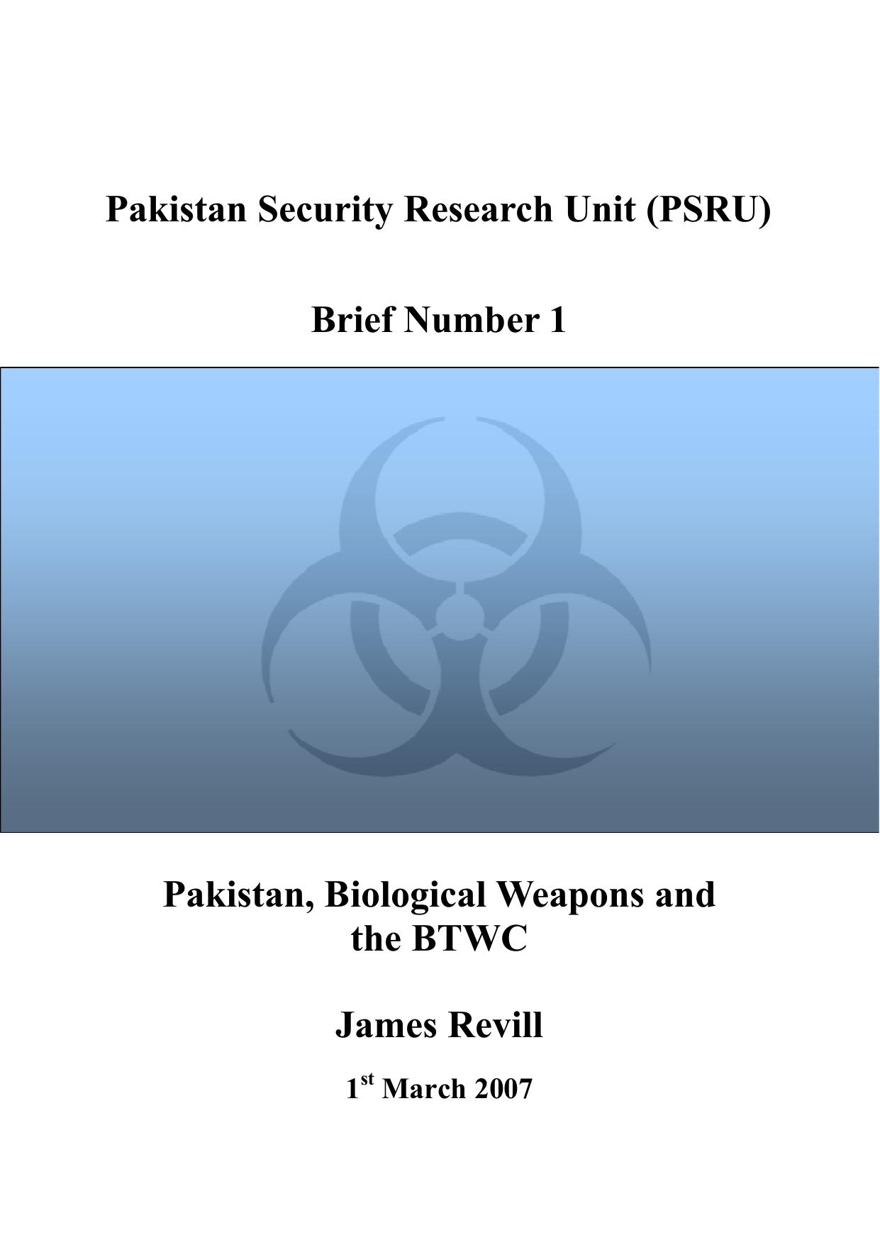 Pakistan, Biological Weapons and the BTWC