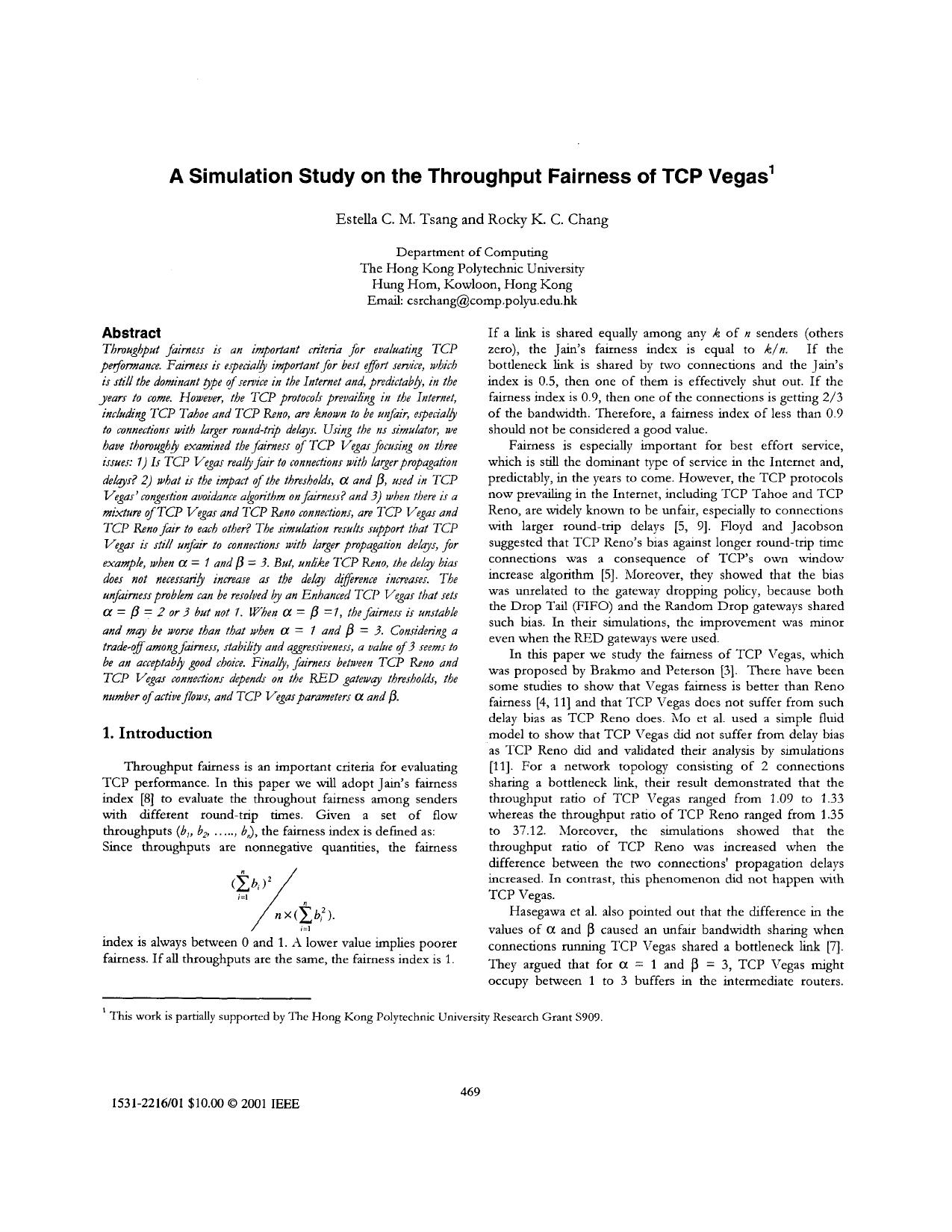 A simulation study on the throughput fairness of TCP vegas - Networks, 2001. Proceedings. Ninth IEEE International Conference on