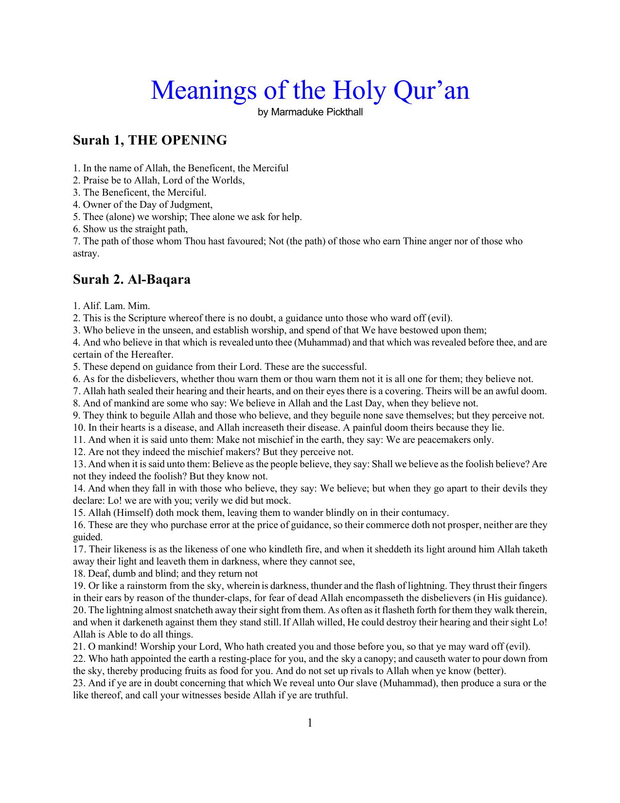 The Meaning Of The Glorious Koran An Explanatory Translation