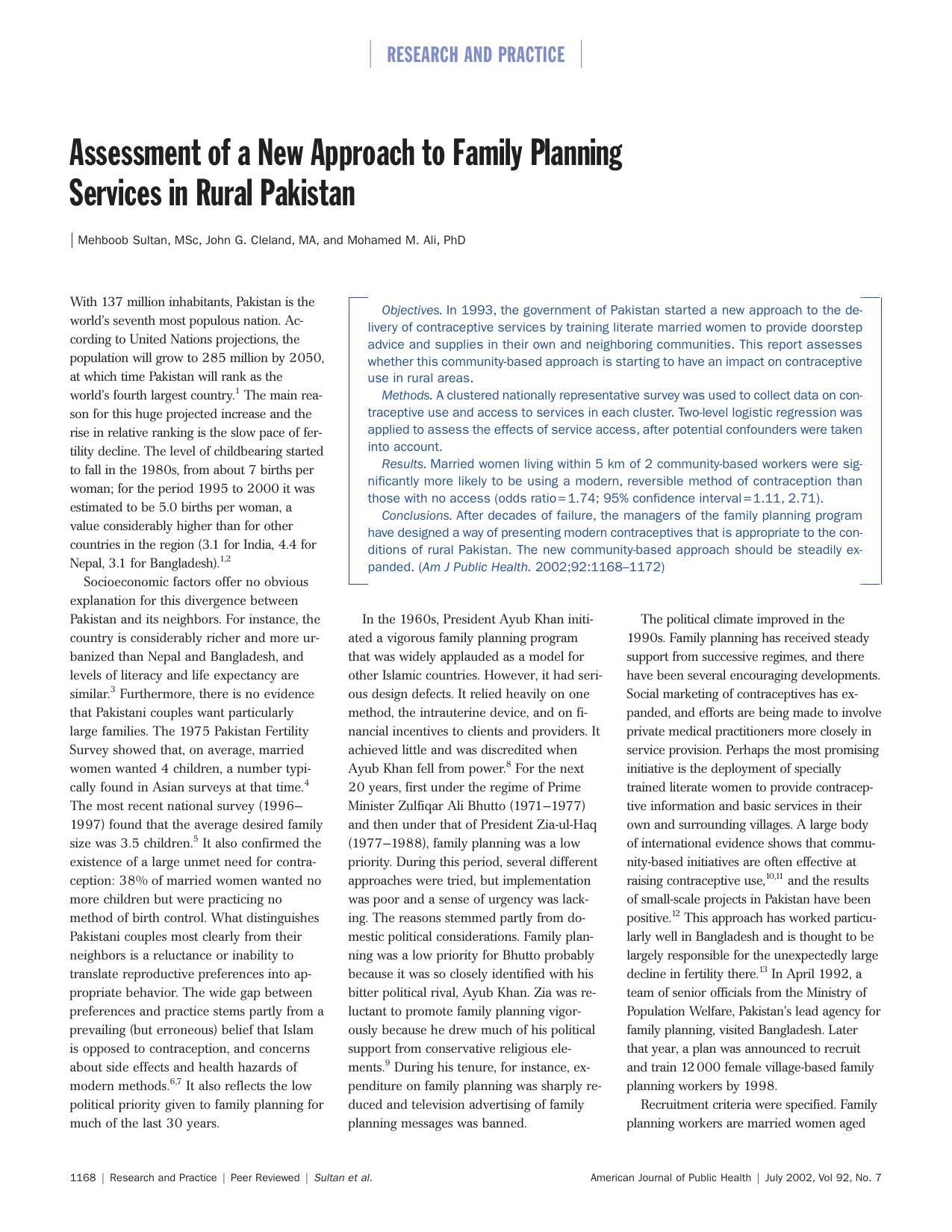 Assessment of a New Approach to Family Planning Services in Rural Pakistan