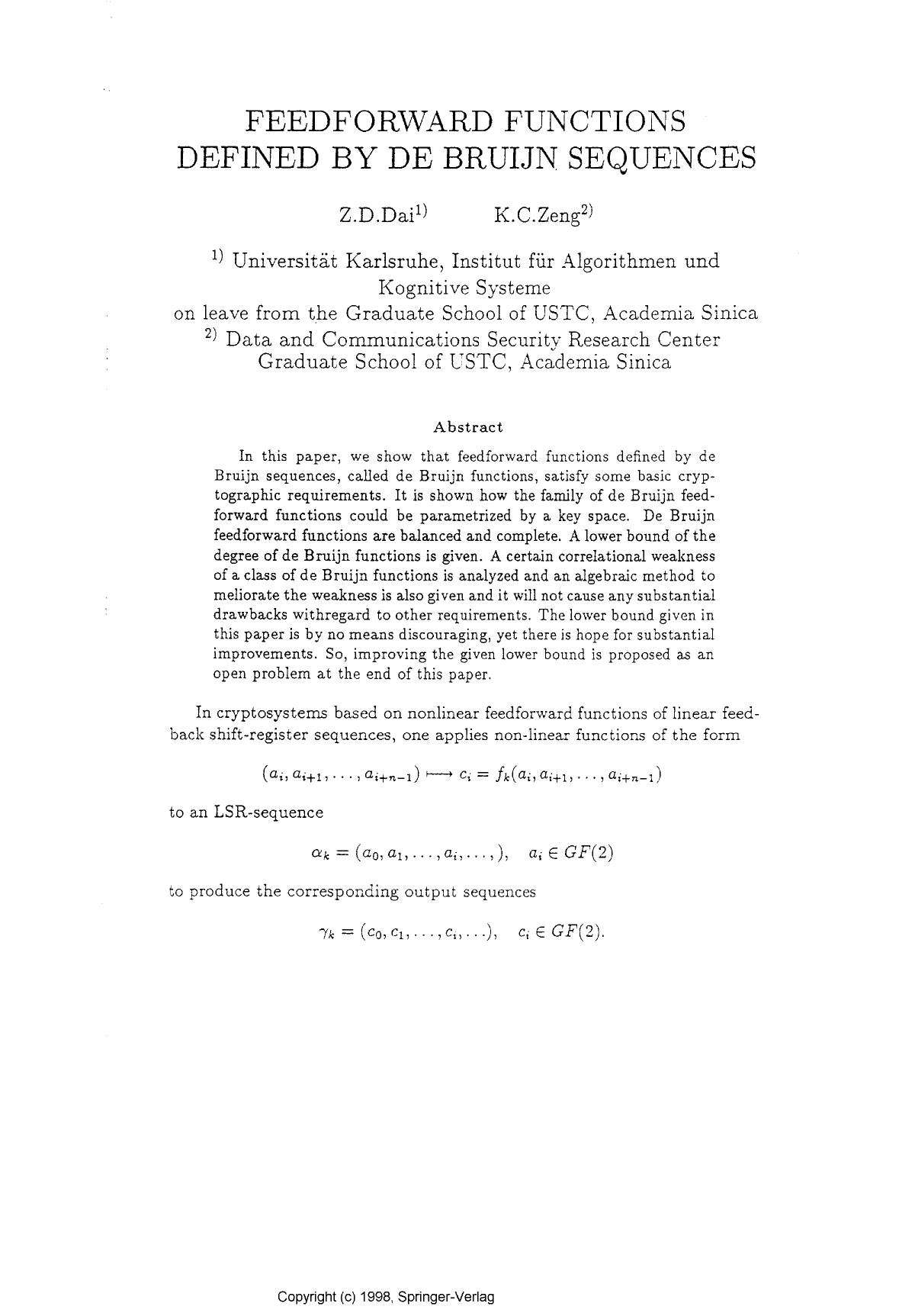 Feedforward functions defined by de Brujin sequences