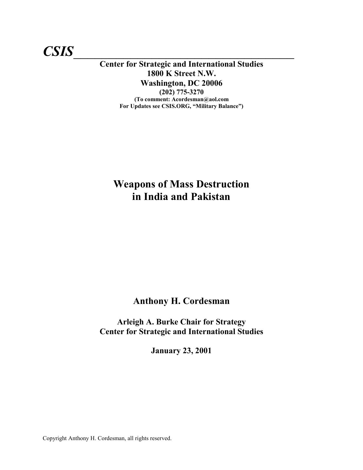 Weapons of Mass Destruction in India and Pakistan