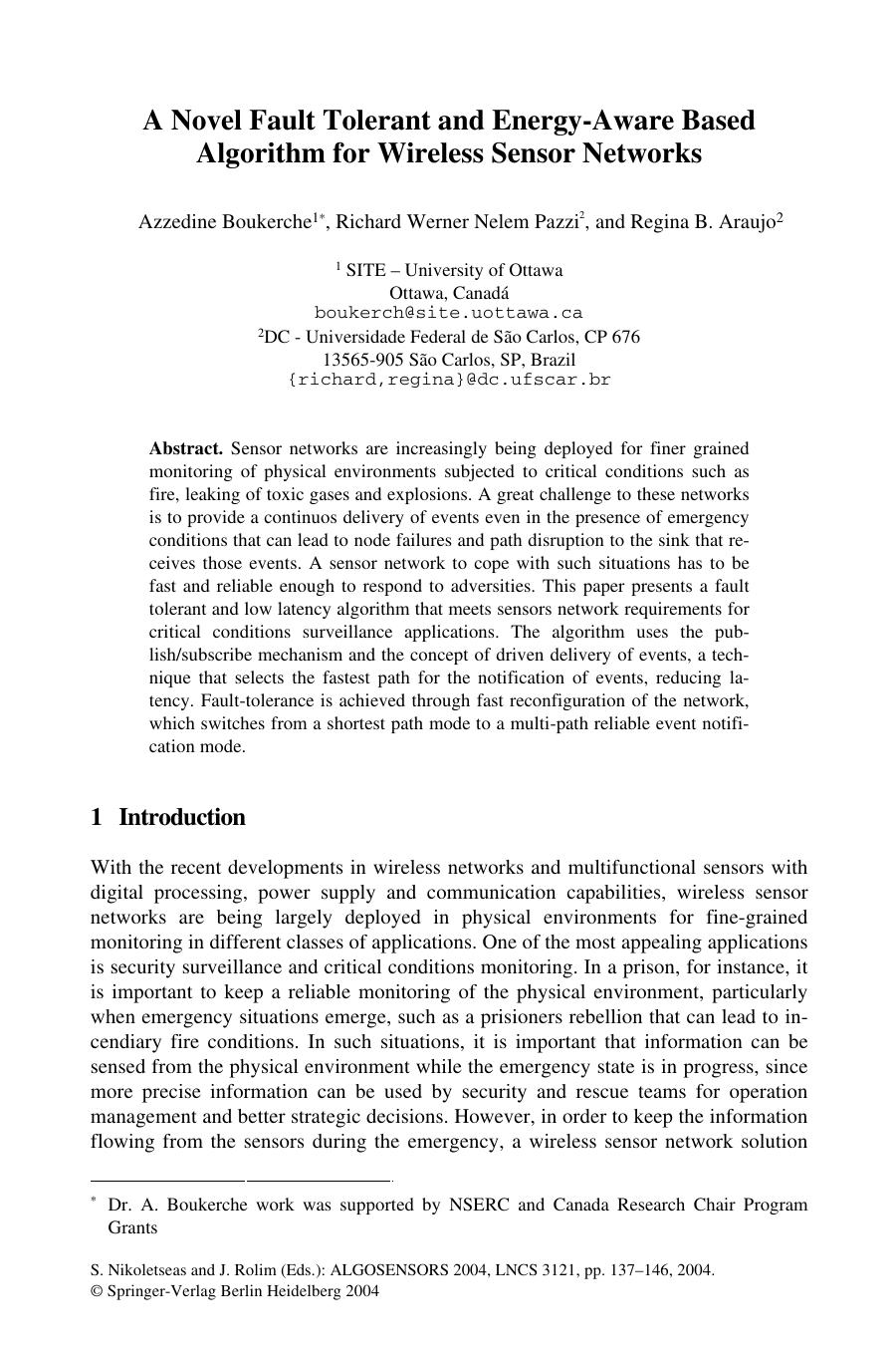 LNCS 3121 - A Novel Fault Tolerant and Energy-Aware Based Algorithm for Wireless Sensor Networks