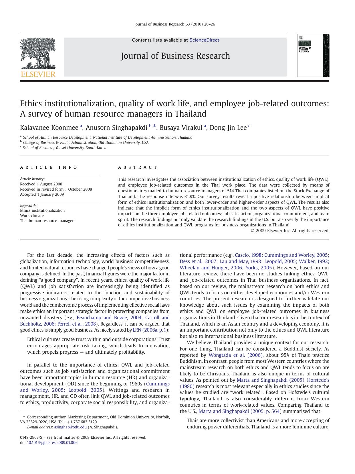 Ethics institutionalization, quality of work life, and employee job-related outcomes: A survey of human resource managers in Thailand