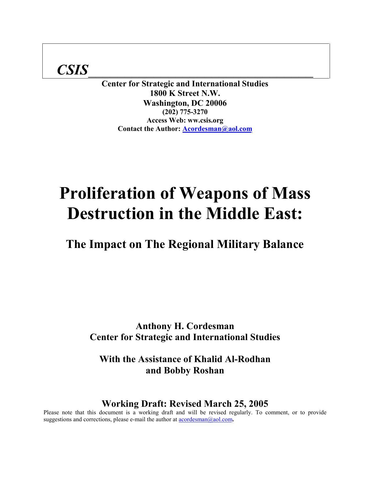 Proliferation ofWeapons of Mass Destruction in the Middle East: The Impact on The Regional Military Balance - March 25, 2005