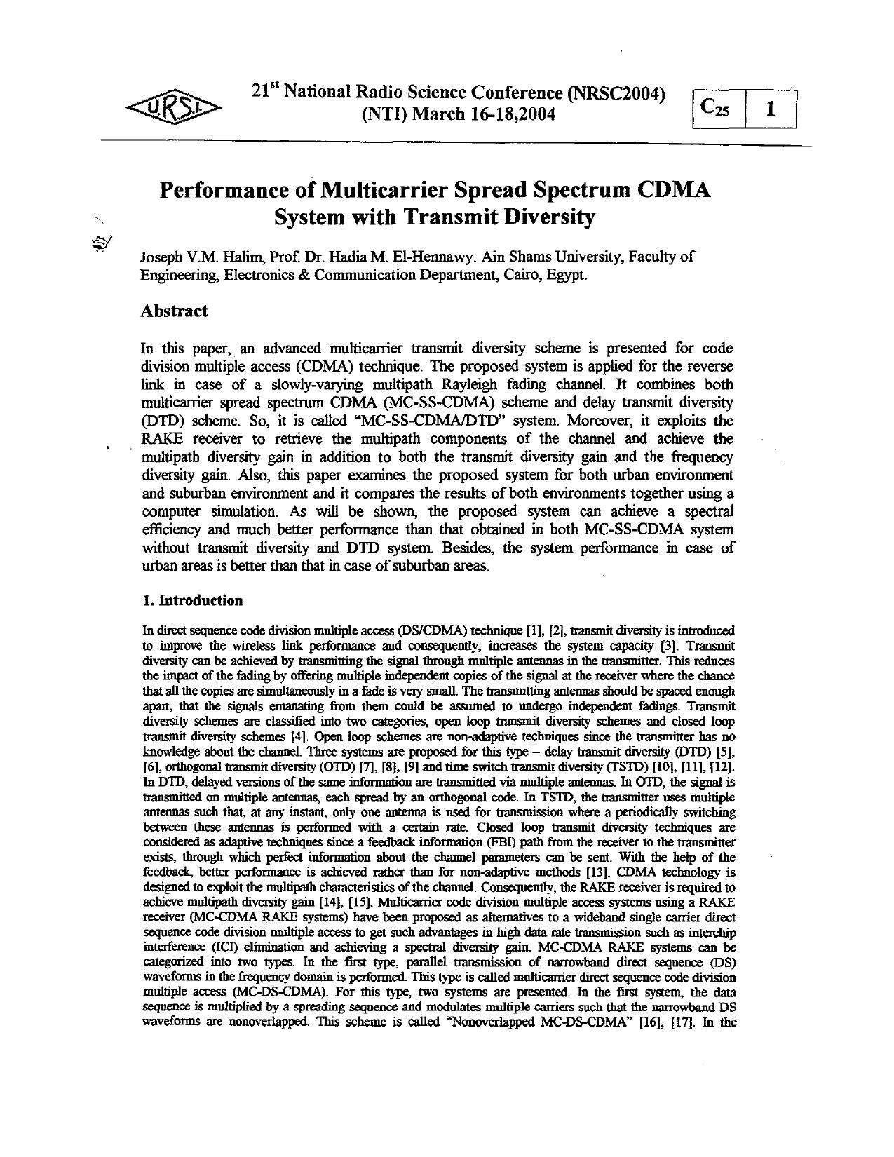 Performance of multicarrier spread spectrum CDMA system with transmit diversity - National Radio Science Conference, 2004. NRSC 2004. Proceedings of the Twenty-First