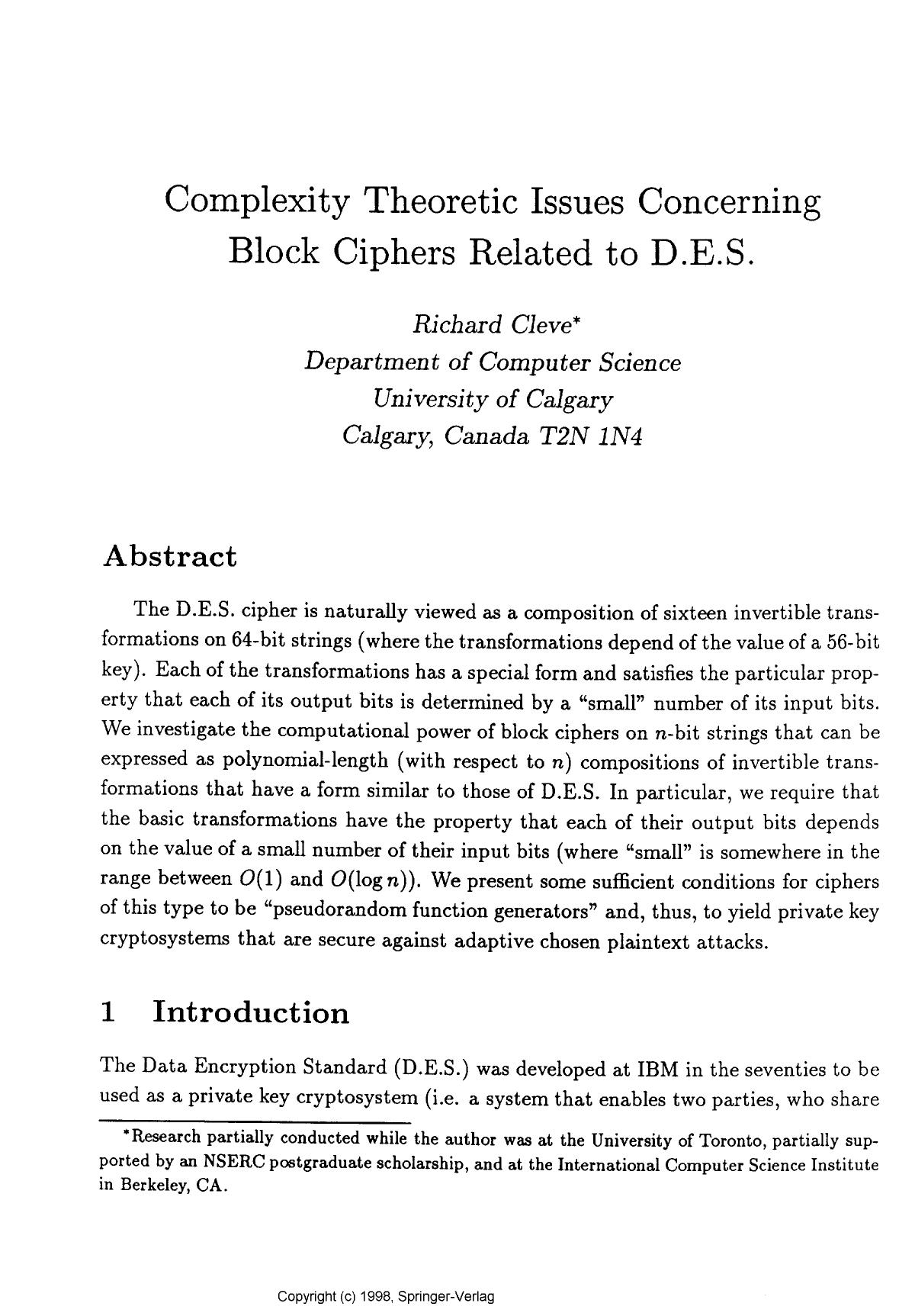 Complexity theoretic issues concerning block ciphers related to D.E.S.