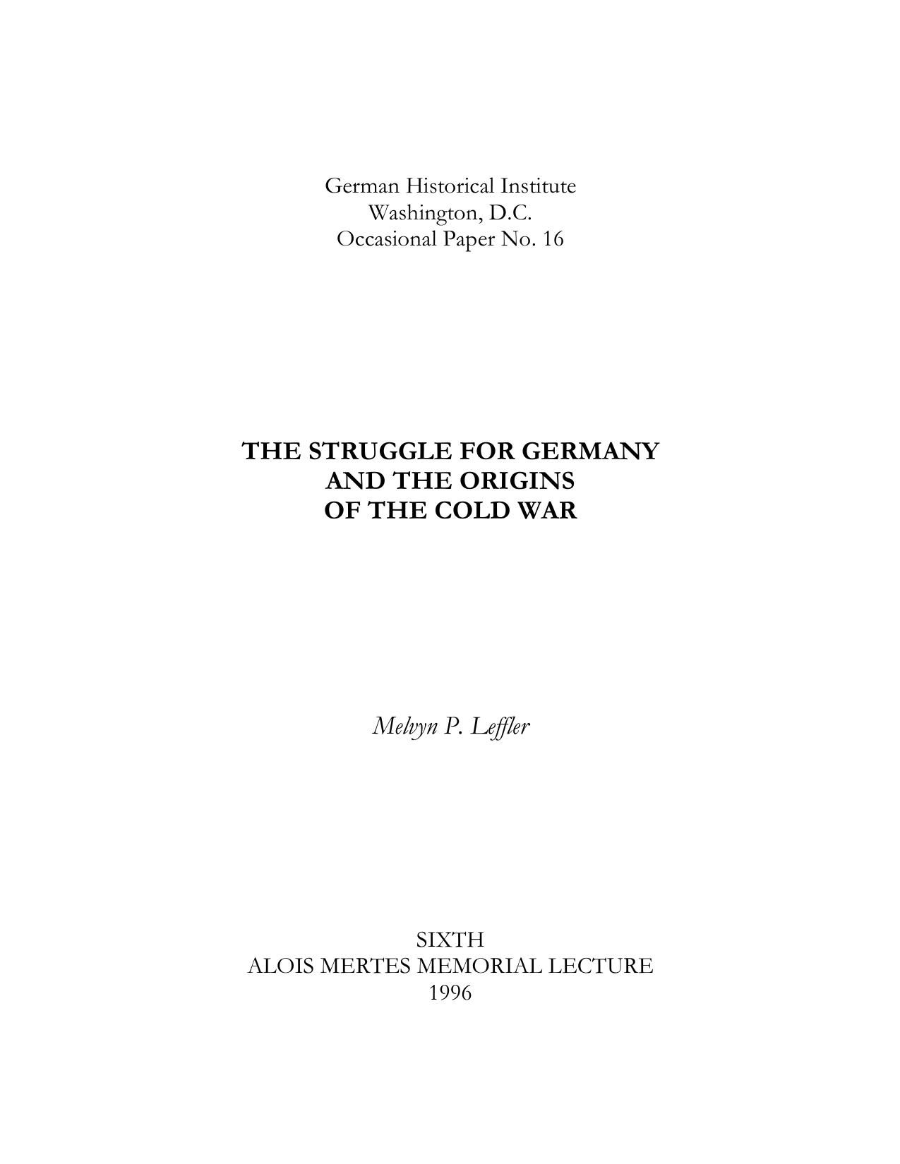 The Struggle for Germany and the Origins of the Cold War