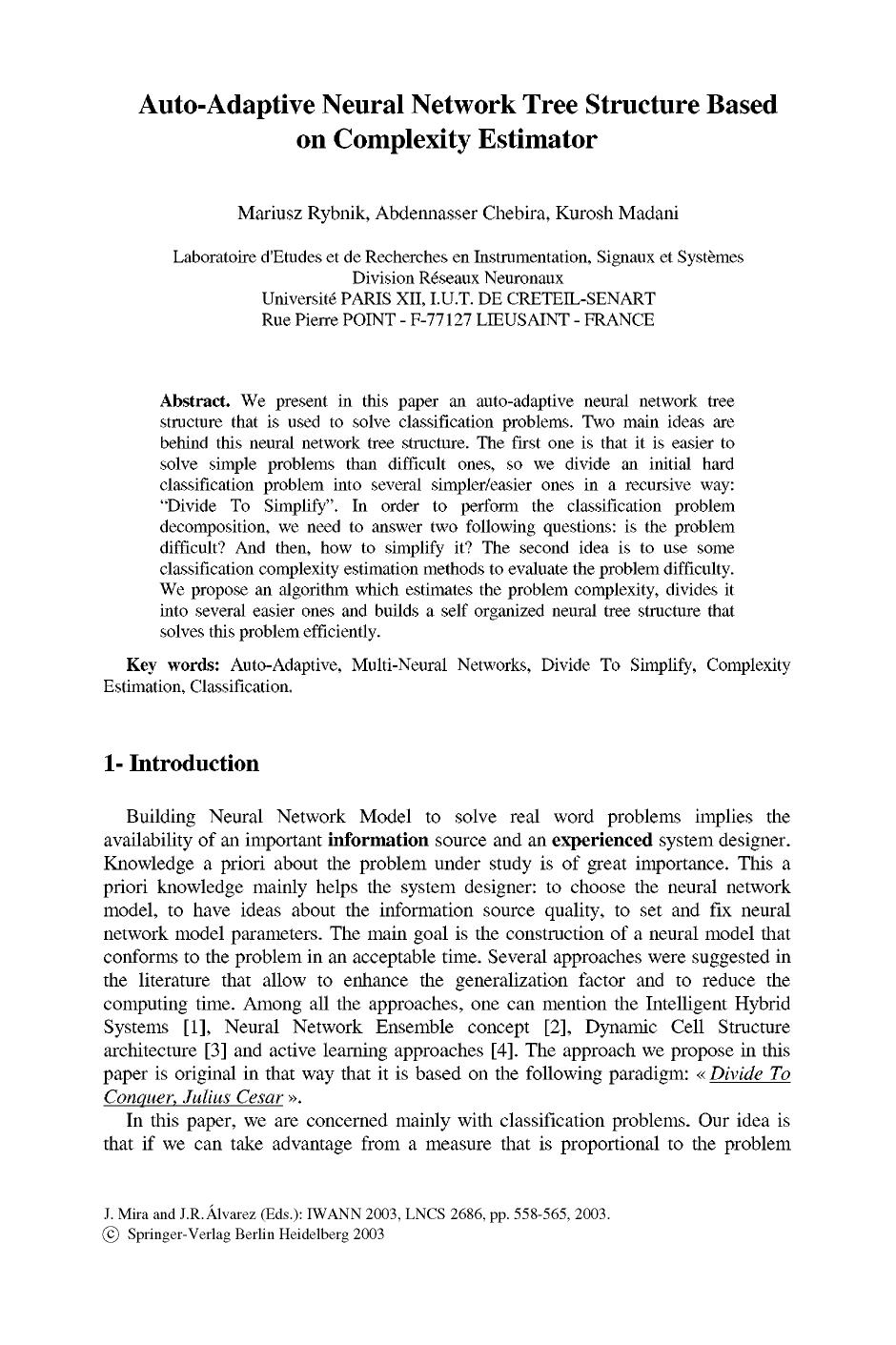 Auto-Adaptive Neural Network Tree Structure Based on Complexity Estimator