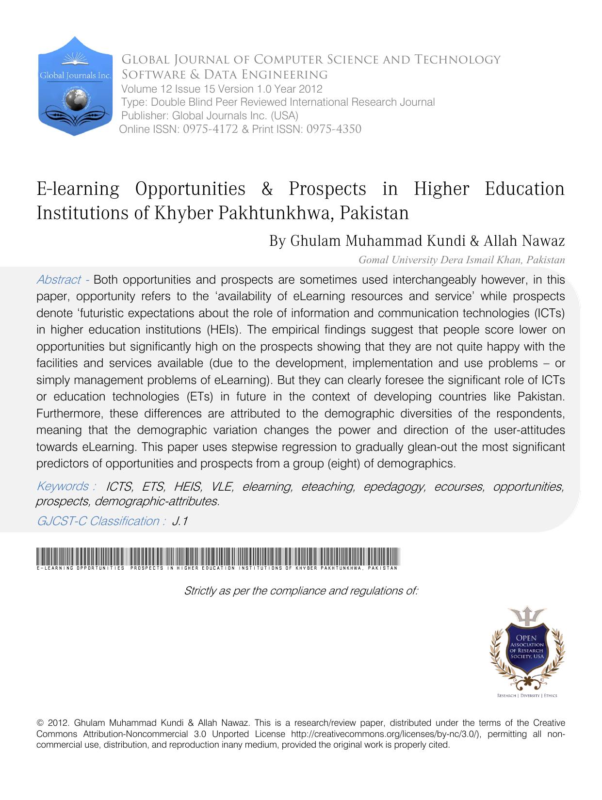 E-learning Opportunities & Prospects in Higher Education Institutions of Khyber Pakhtunkhwa, Pakistan