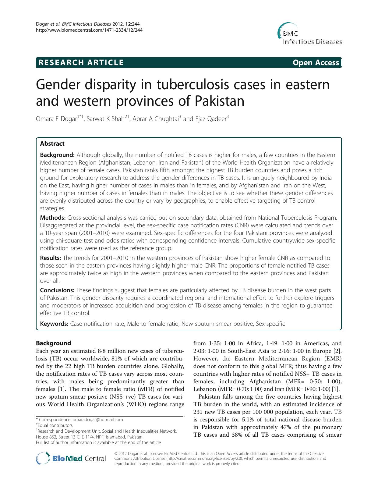 Gender disparity in tuberculosis cases in eastern and western provinces of Pakistan