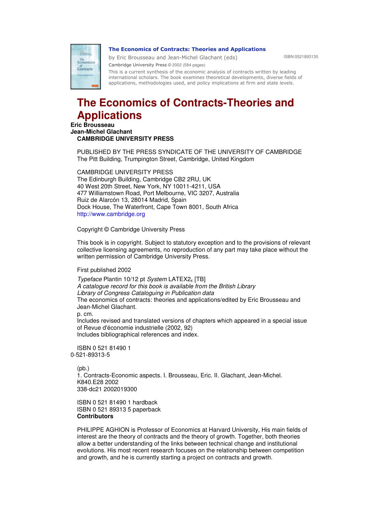 The Economics of Contracts: Theories and Applications