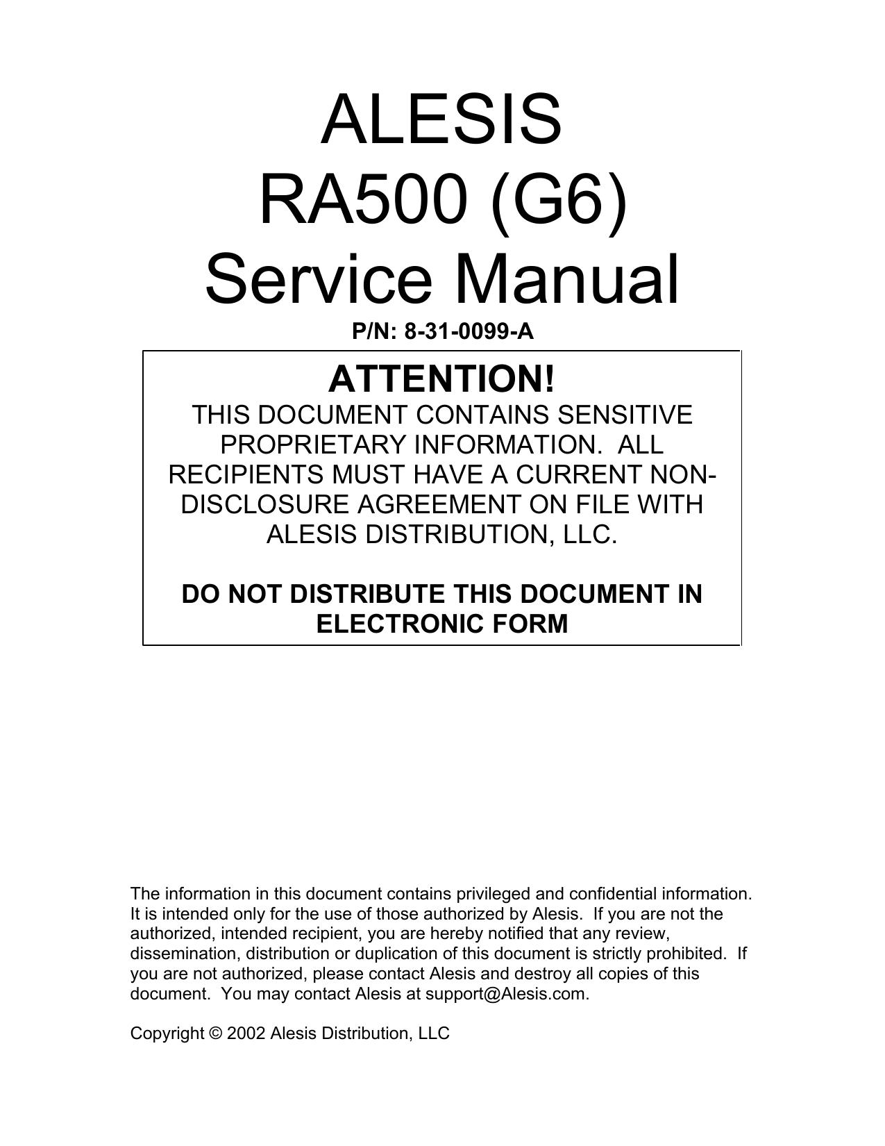 Alesis RA500 (G6) Service Manual P/N: 8-31-0099-A