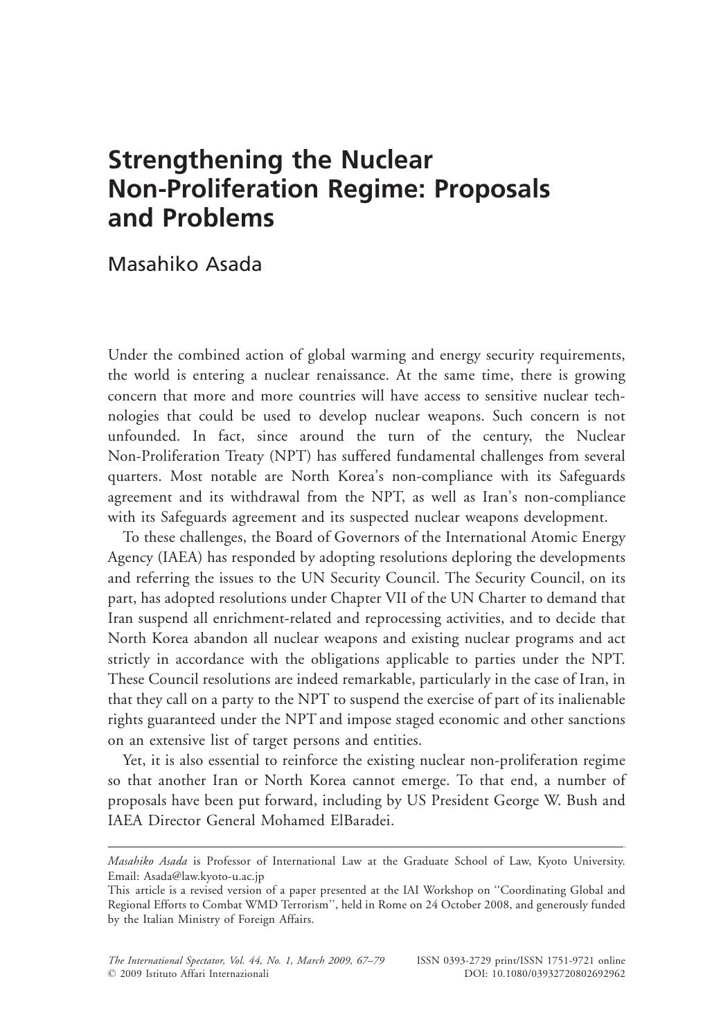 Strengthening the Nuclear Non-Proliferation Regime: Proposals and Problems