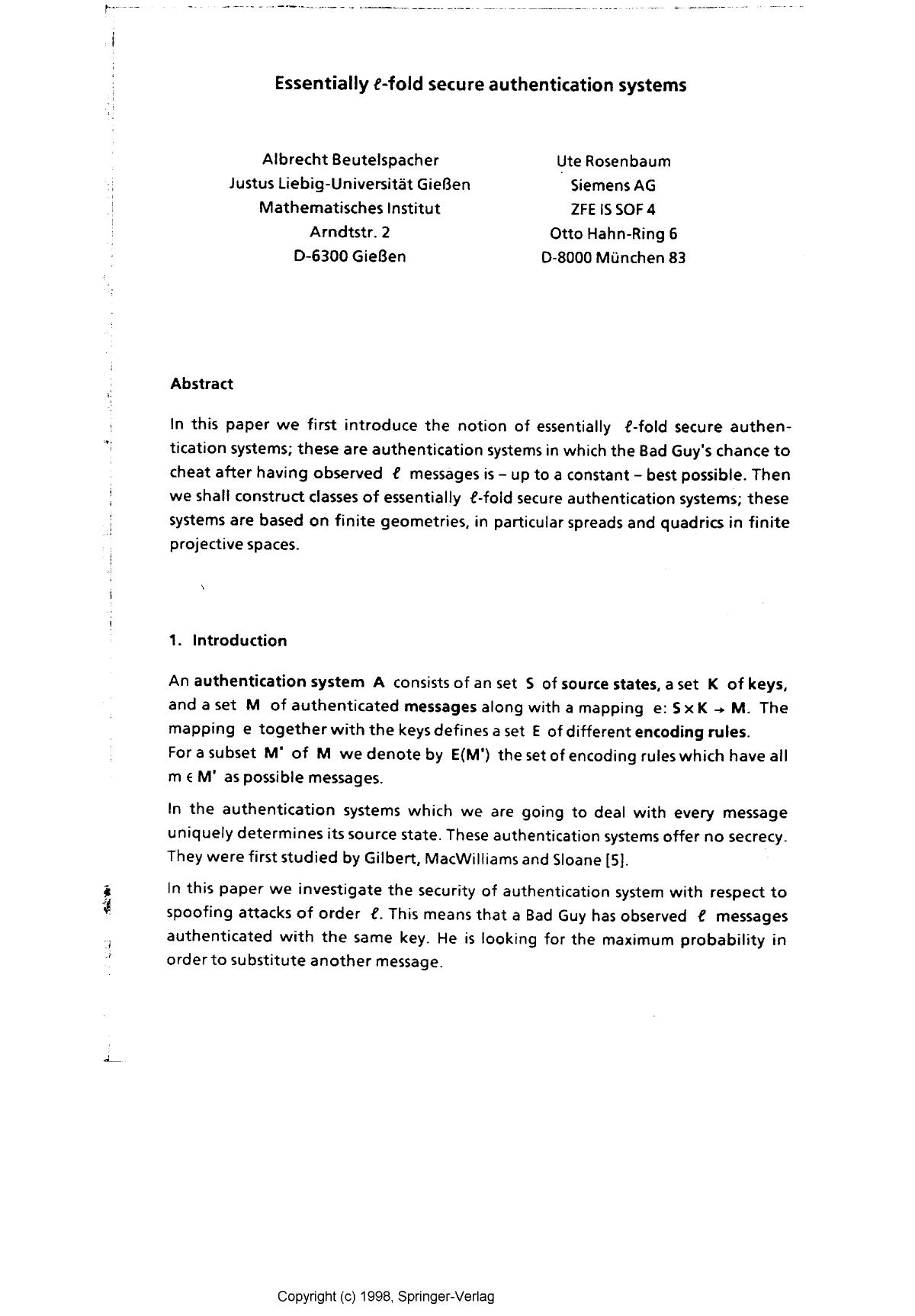 Essentially l-fold secure authentication systems