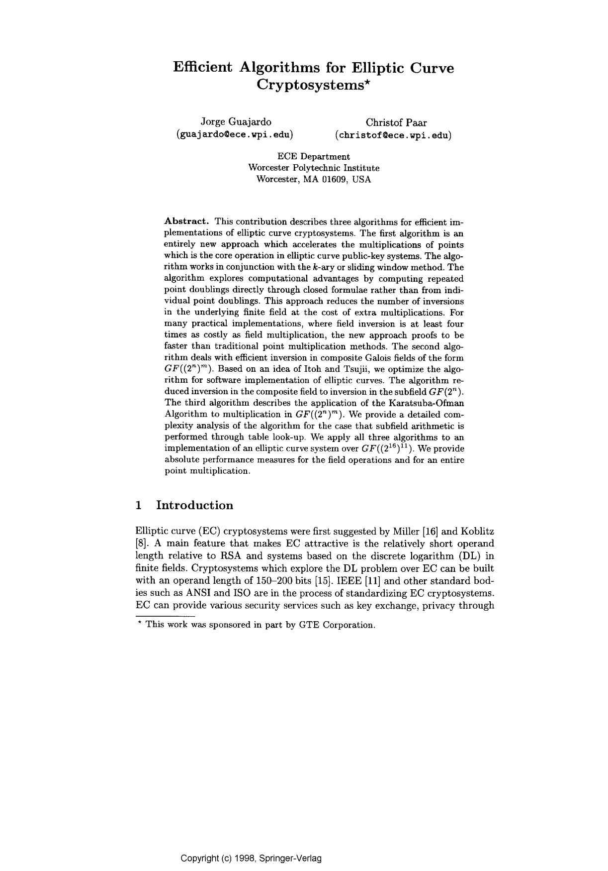 Efficient Algorithms for Elliptic Curve Cryptosystems