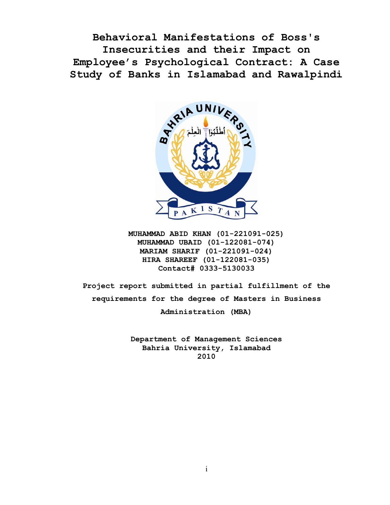 Behavioral Manifestations of Boss's Insecurities and their Impact on Employee’s Psychological Contract: A Case Study of Banks in Islamabad and Rawalpindi