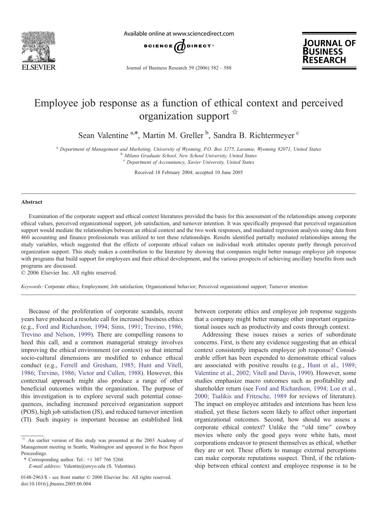 Employee job response as a function of ethical context and perceived organization support